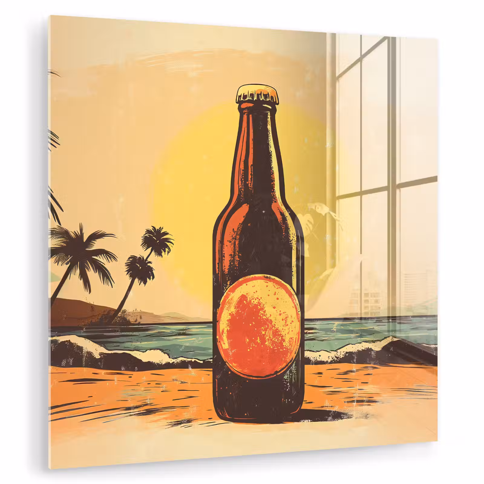 Glas schilderij - Bierfles - Zonsondergang - Palmbomen - Zee — 1