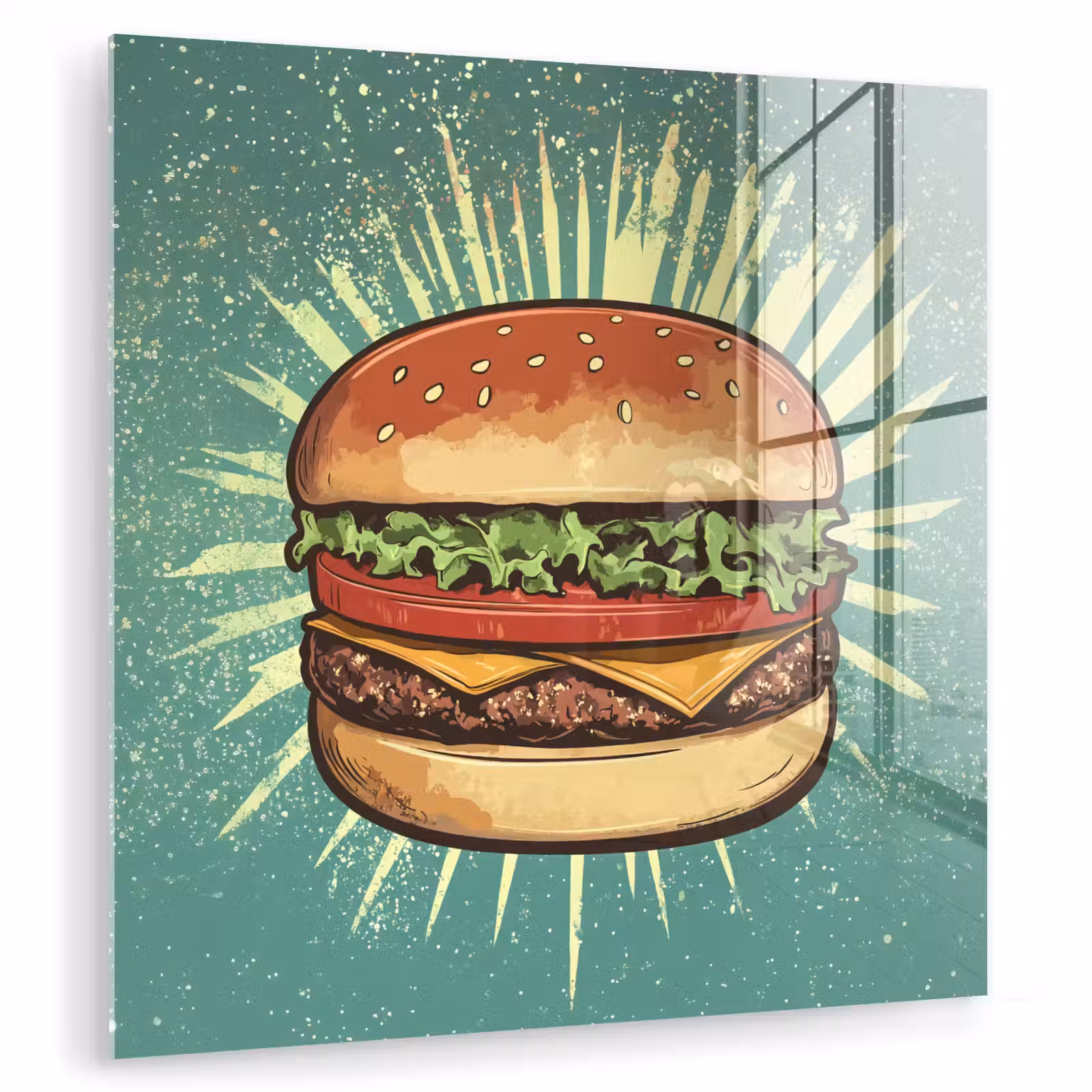 Glas schilderij - Hamburger - Illustratie - Sla - Kaas — 1