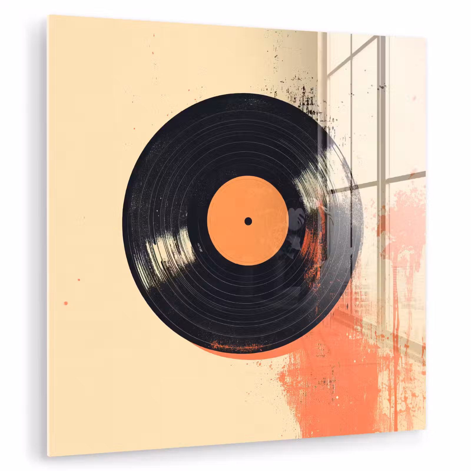 Glas schilderij - Vinylplaat - Zwart - Verfspatten - Retro — 1