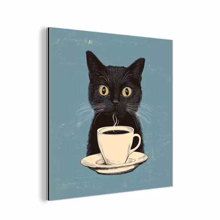 Aluminium schilderij - Kat - Zwart - Koffie - Minimalistisch — 1