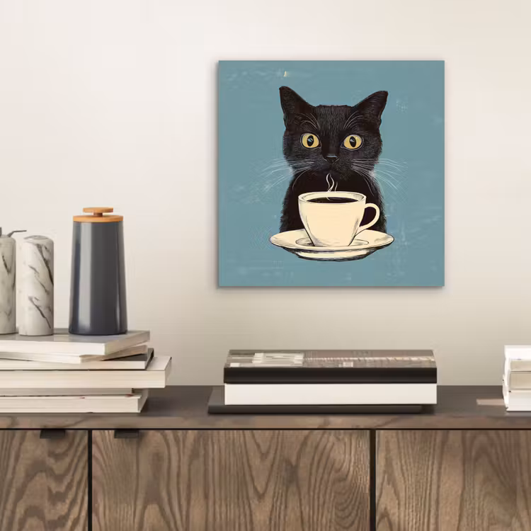 Aluminium schilderij - Kat - Zwart - Koffie - Minimalistisch — 2