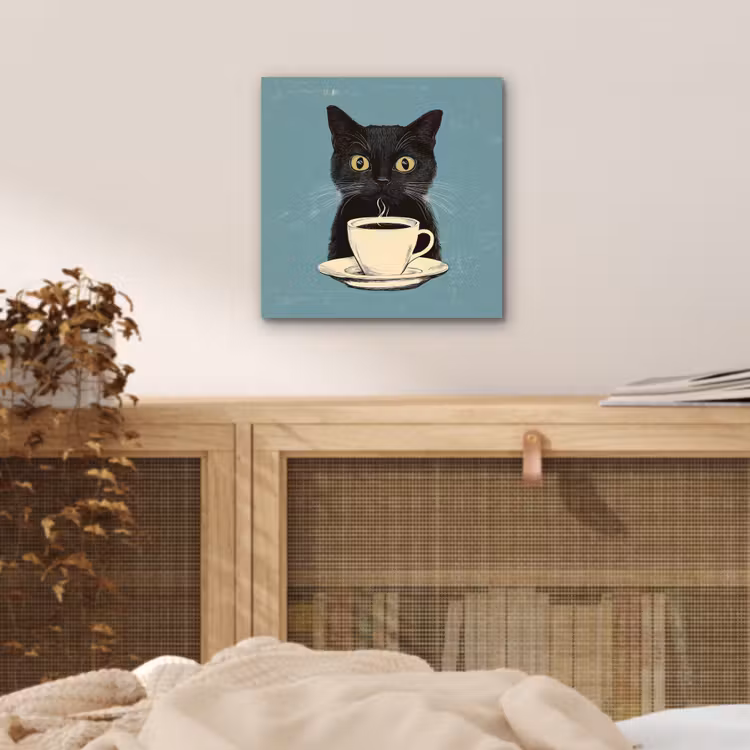 Aluminium schilderij - Kat - Zwart - Koffie - Minimalistisch — 4