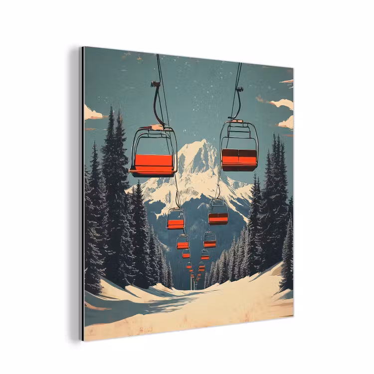 Aluminium schilderij - Sneeuw - Skilift - Rood - Bomen — 1