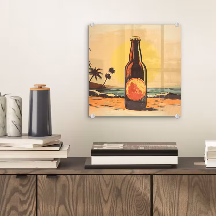 Glas schilderij - Bierfles - Zonsondergang - Palmbomen - Zee — 2