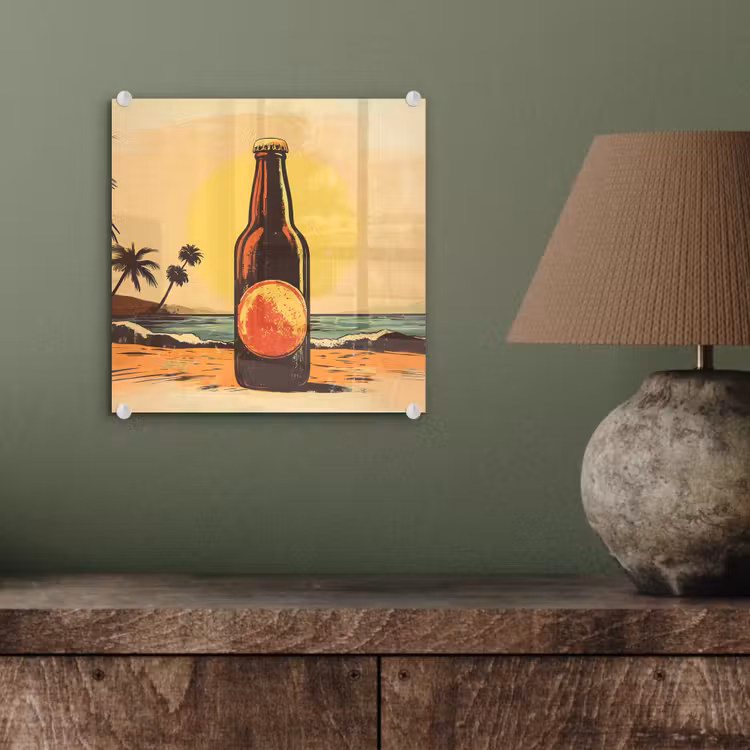 Glas schilderij - Bierfles - Zonsondergang - Palmbomen - Zee — 4