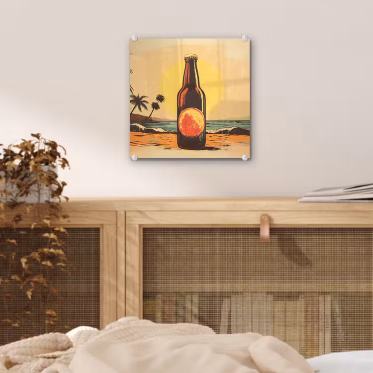 Glas schilderij - Bierfles - Zonsondergang - Palmbomen - Zee — 5