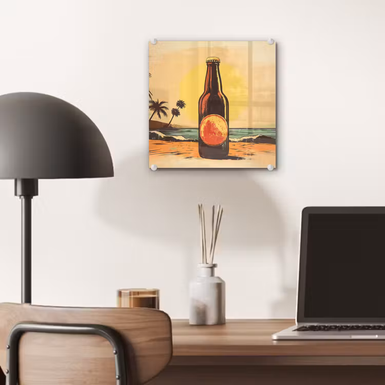 Glas schilderij - Bierfles - Zonsondergang - Palmbomen - Zee — 7