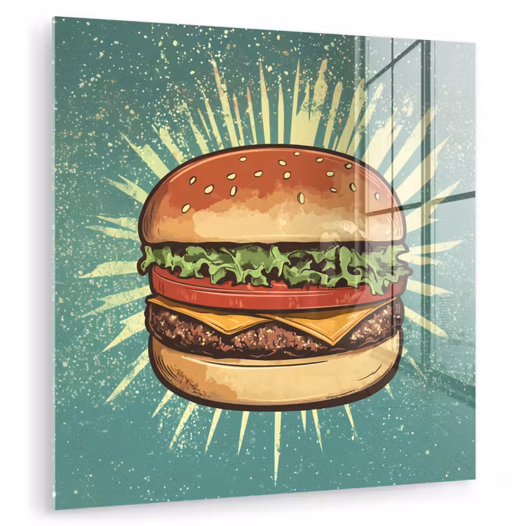 Glas schilderij - Hamburger - Illustratie - Sla - Kaas — 1