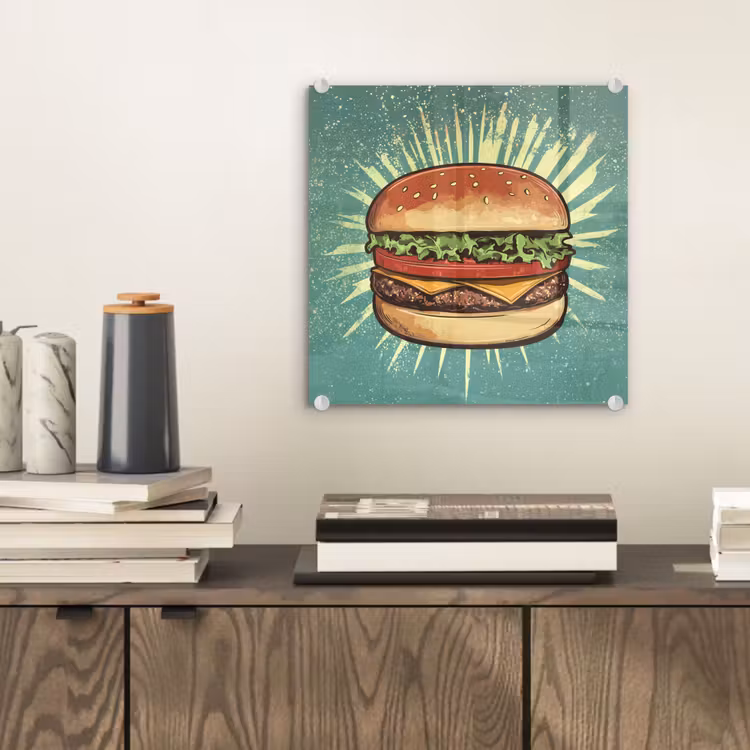 Glas schilderij - Hamburger - Illustratie - Sla - Kaas — 2