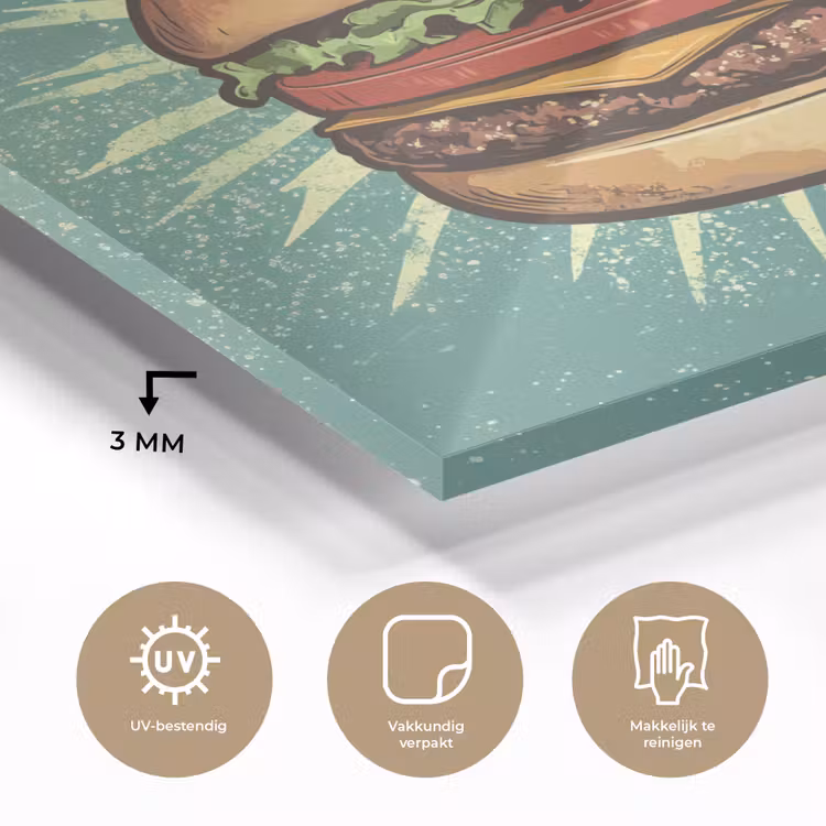 Glas schilderij - Hamburger - Illustratie - Sla - Kaas — 3