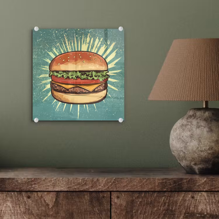 Glas schilderij - Hamburger - Illustratie - Sla - Kaas — 4