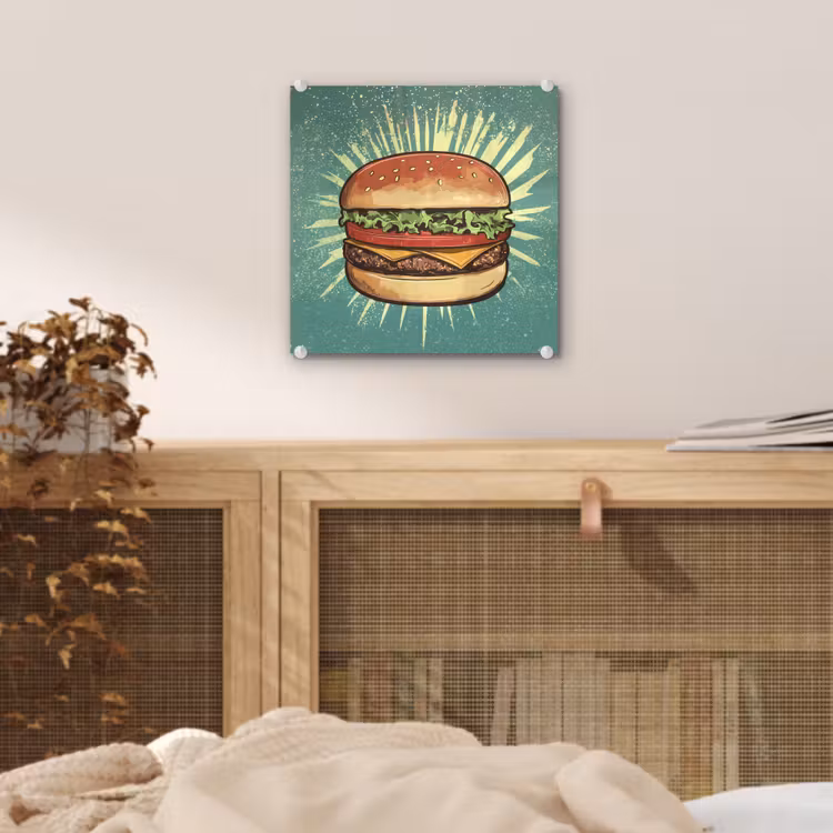 Glas schilderij - Hamburger - Illustratie - Sla - Kaas — 5