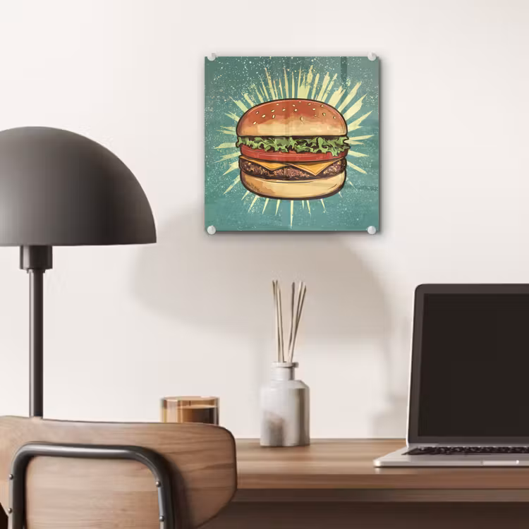 Glas schilderij - Hamburger - Illustratie - Sla - Kaas — 7