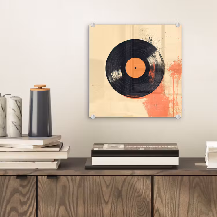 Glas schilderij - Vinylplaat - Zwart - Verfspatten - Retro — 2