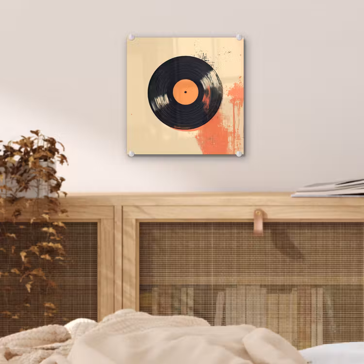 Glas schilderij - Vinylplaat - Zwart - Verfspatten - Retro — 5