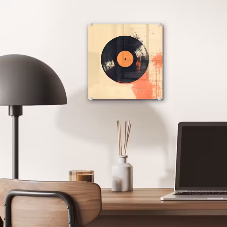 Glas schilderij - Vinylplaat - Zwart - Verfspatten - Retro — 7