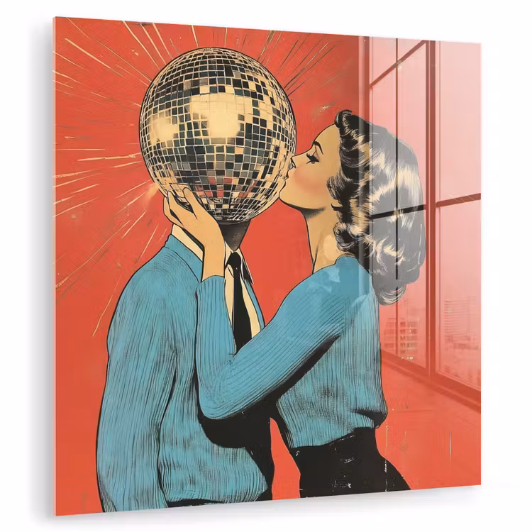 Glas schilderij - Vrouw - Retro - Discobal - Kus — 1