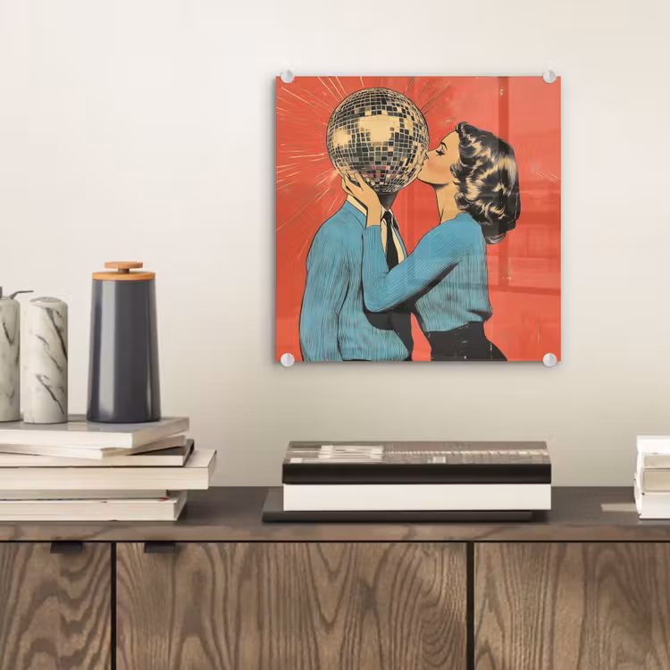 Glas schilderij - Vrouw - Retro - Discobal - Kus — 2