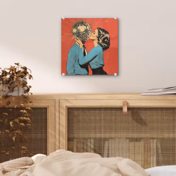 Glas schilderij - Vrouw - Retro - Discobal - Kus — 5