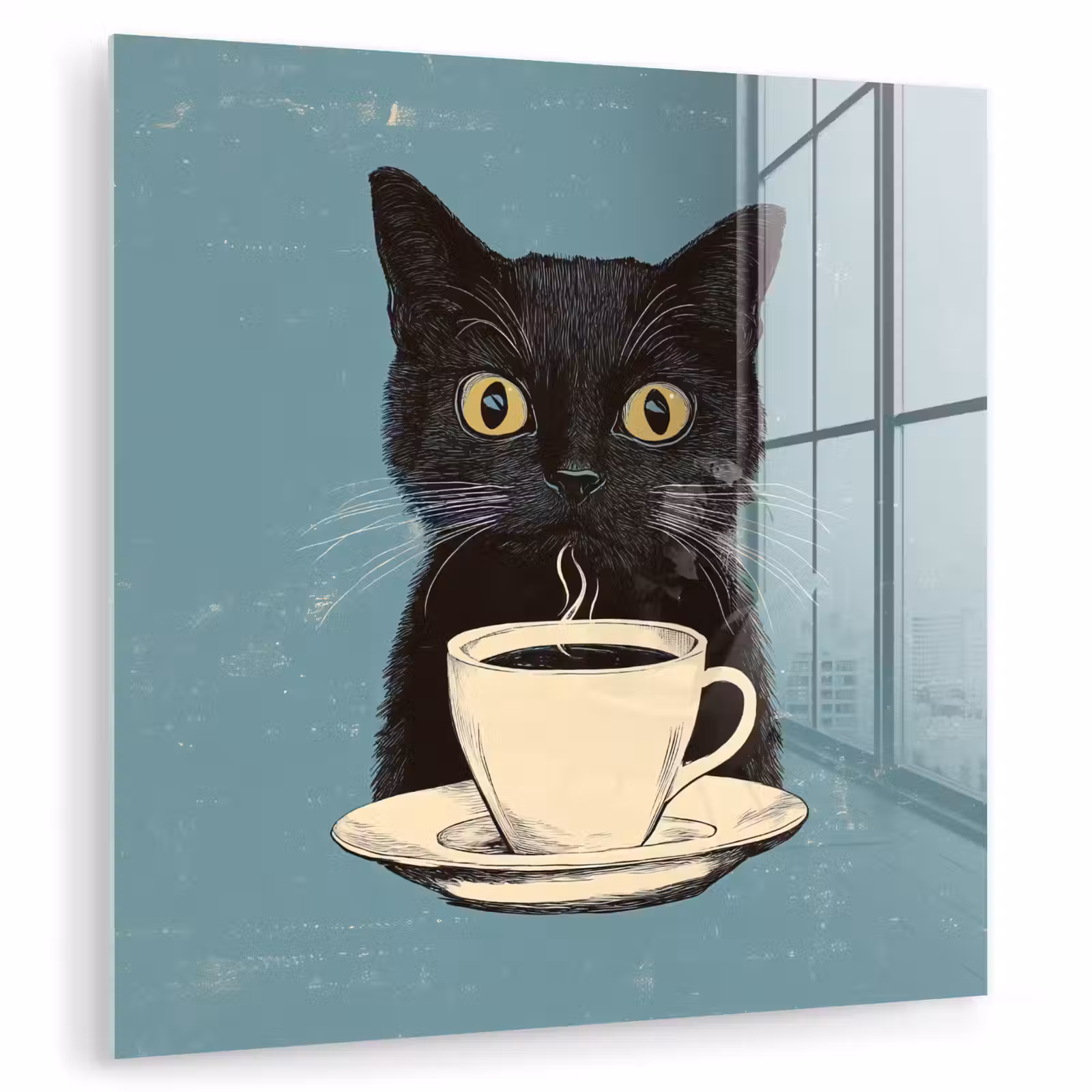 Glas schilderij - Kat - Zwart - Koffie - Minimalistisch — 1