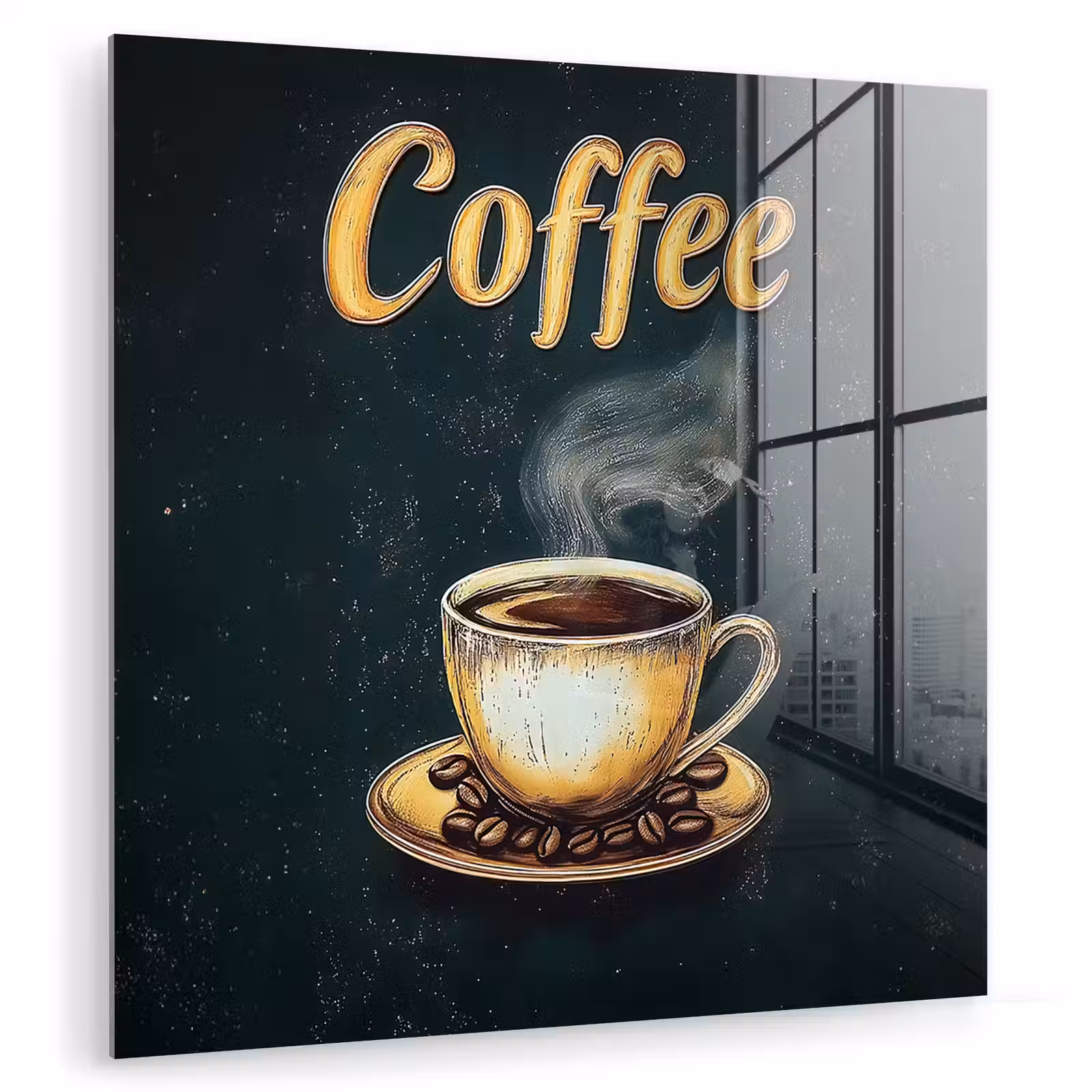 Glas schilderij - Koffie - Schotel - Koffiebonen - Retro — 1