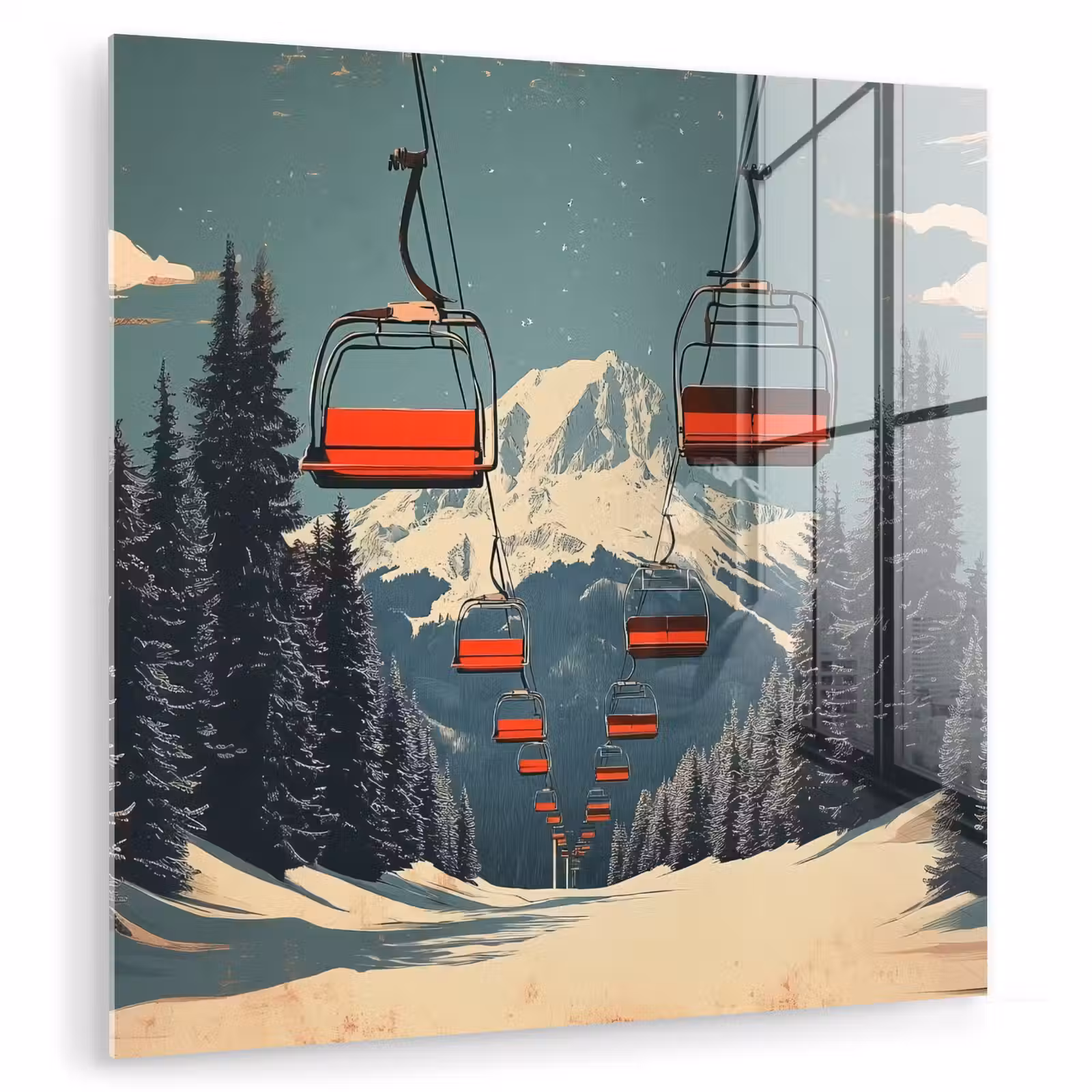 Glas schilderij - Sneeuw - Skilift - Rood - Bomen — 1