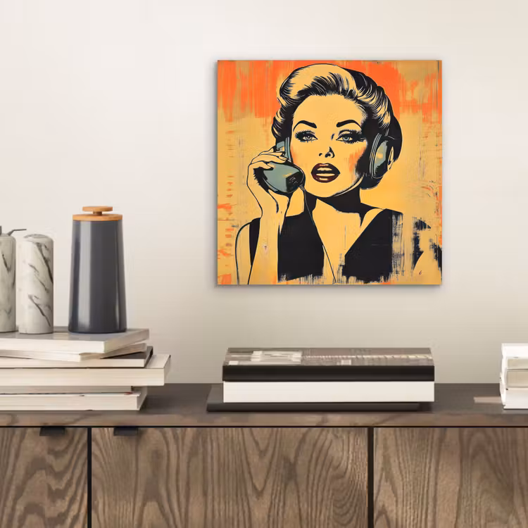 Aluminium schilderij - Retro - Vrouw - Koptelefoon - Oranje — 2
