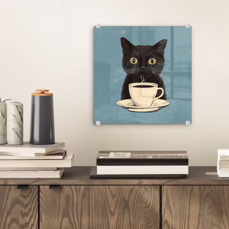 Glas schilderij - Kat - Zwart - Koffie - Minimalistisch — 2