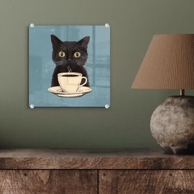 Glas schilderij - Kat - Zwart - Koffie - Minimalistisch — 4