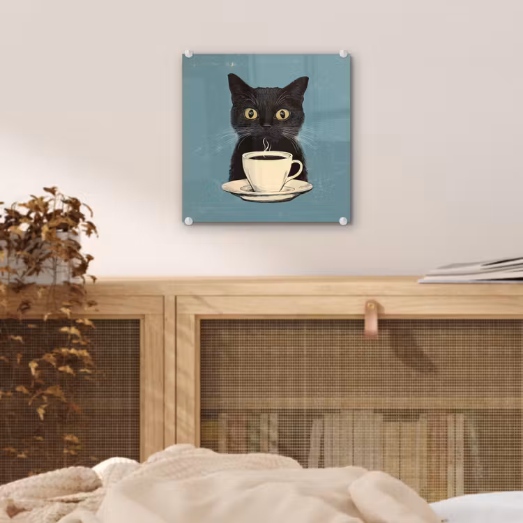 Glas schilderij - Kat - Zwart - Koffie - Minimalistisch — 5