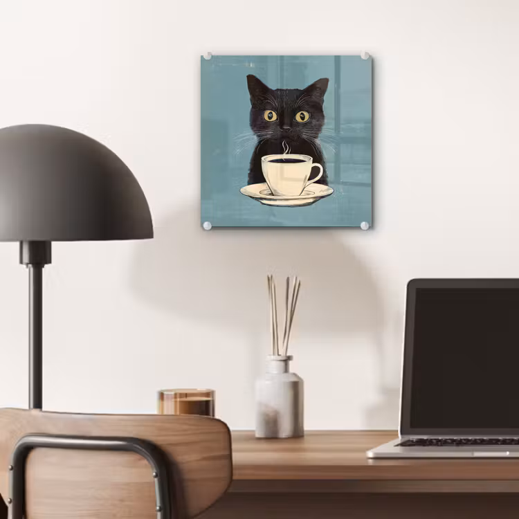 Glas schilderij - Kat - Zwart - Koffie - Minimalistisch — 7