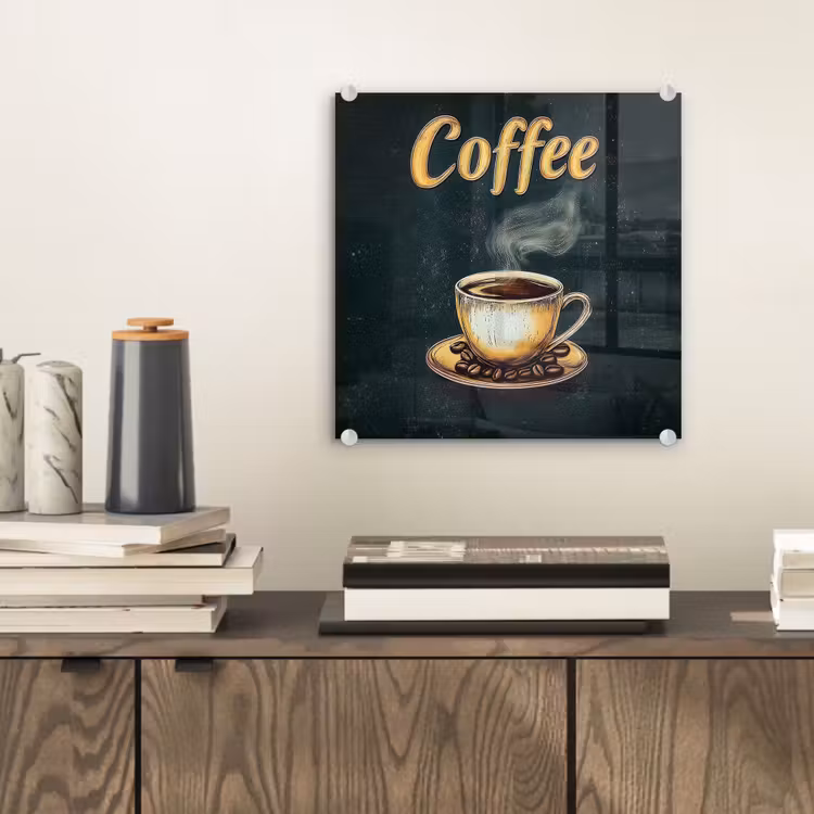 Glas schilderij - Koffie - Schotel - Koffiebonen - Retro — 2