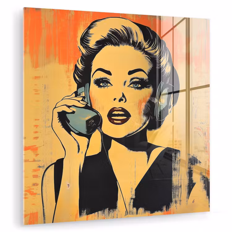 Glas schilderij - Retro - Vrouw - Koptelefoon - Oranje — 1