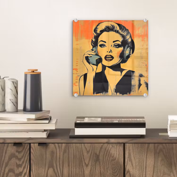 Glas schilderij - Retro - Vrouw - Koptelefoon - Oranje — 2