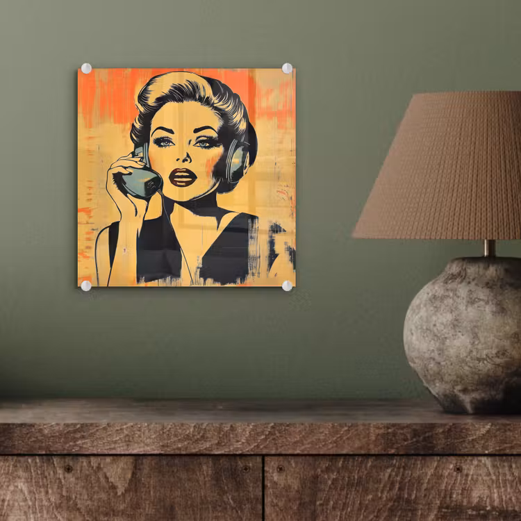 Glas schilderij - Retro - Vrouw - Koptelefoon - Oranje — 4