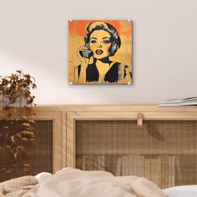 Glas schilderij - Retro - Vrouw - Koptelefoon - Oranje — 5