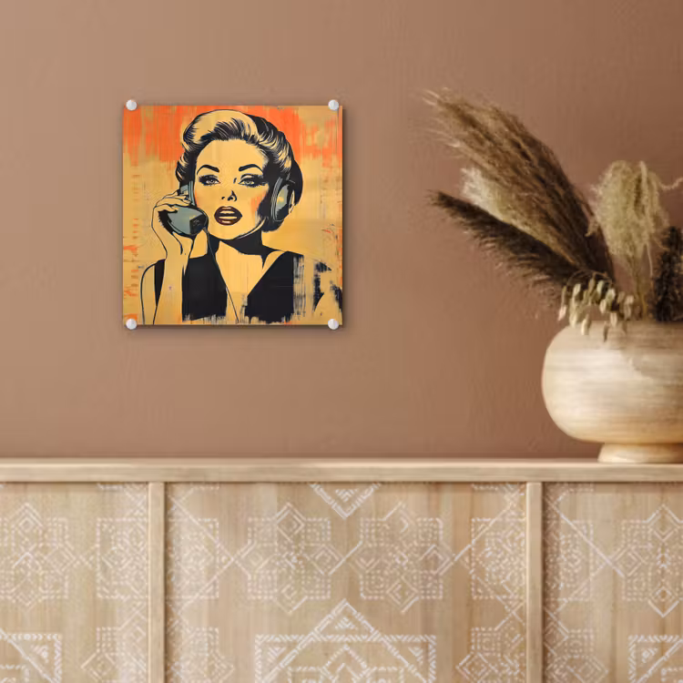 Glas schilderij - Retro - Vrouw - Koptelefoon - Oranje — 6