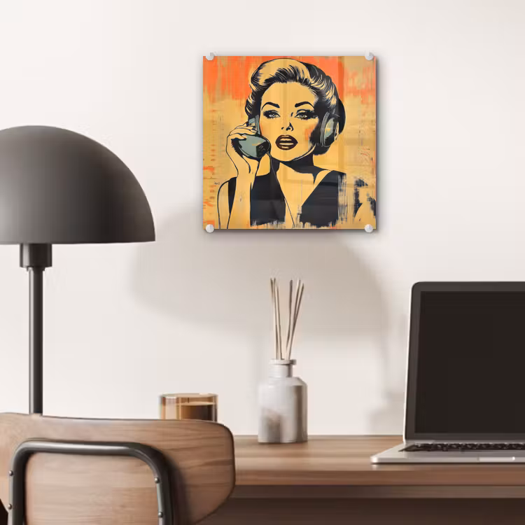 Glas schilderij - Retro - Vrouw - Koptelefoon - Oranje — 7