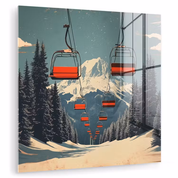Glas schilderij - Sneeuw - Skilift - Rood - Bomen — 1