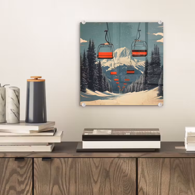 Glas schilderij - Sneeuw - Skilift - Rood - Bomen — 2