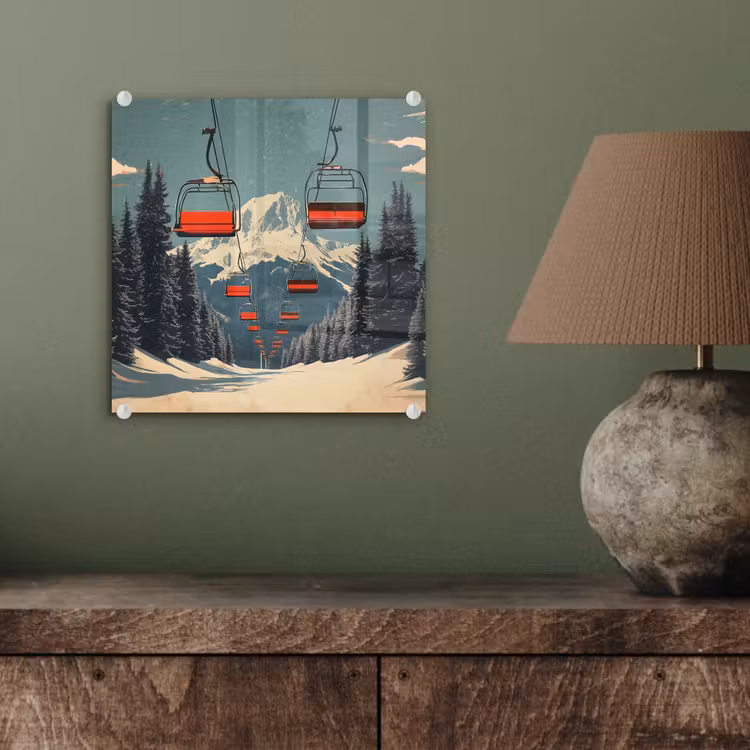 Glas schilderij - Sneeuw - Skilift - Rood - Bomen — 4