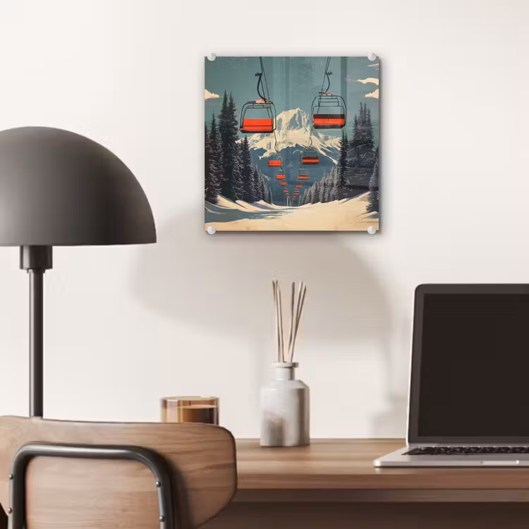 Glas schilderij - Sneeuw - Skilift - Rood - Bomen — 7
