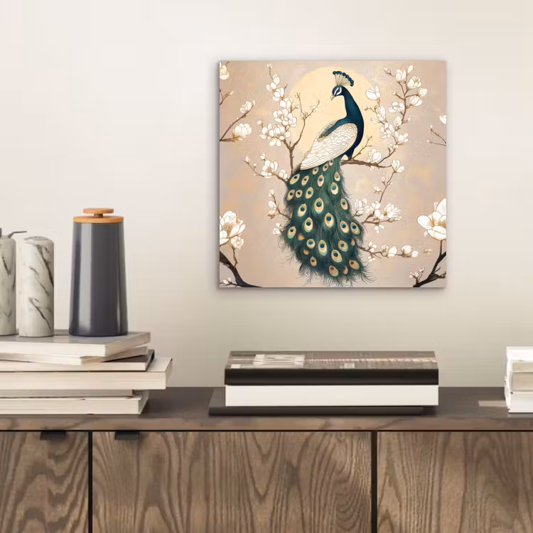 Aluminium schilderij - Pauw - Tak - Bloemen — 2