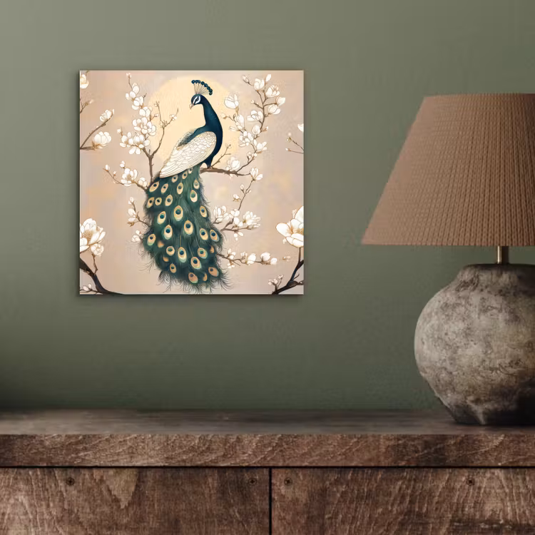 Aluminium schilderij - Pauw - Tak - Bloemen — 3