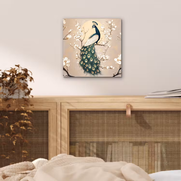 Aluminium schilderij - Pauw - Tak - Bloemen — 4