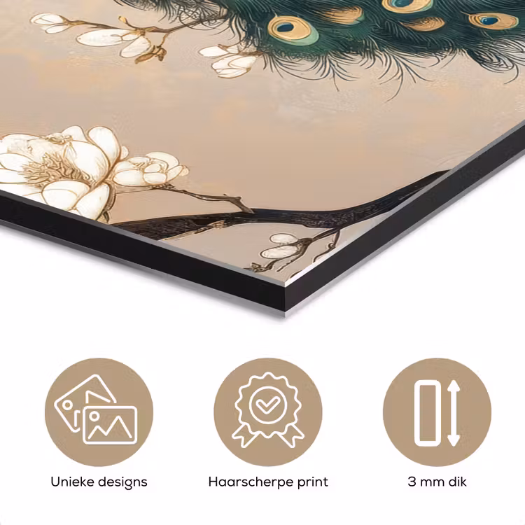 Aluminium schilderij - Pauw - Tak - Bloemen — 7