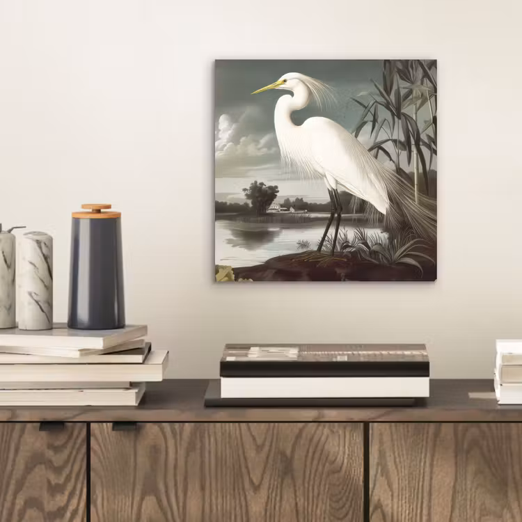 Aluminium schilderij - Reiger - Planten - Wolken - Wit — 2