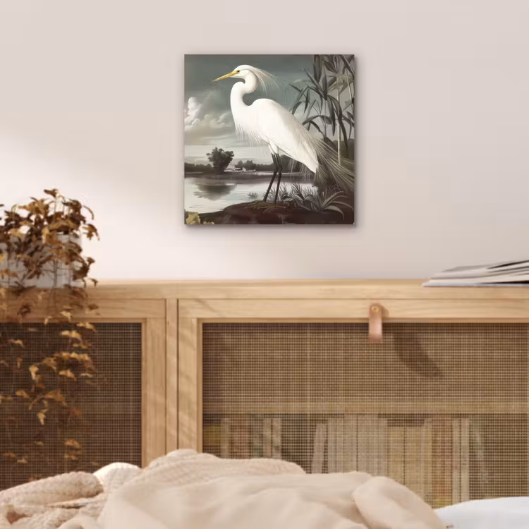 Aluminium schilderij - Reiger - Planten - Wolken - Wit — 4