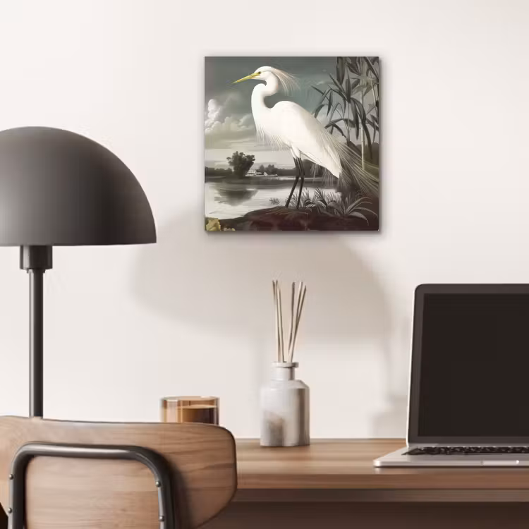 Aluminium schilderij - Reiger - Planten - Wolken - Wit — 6