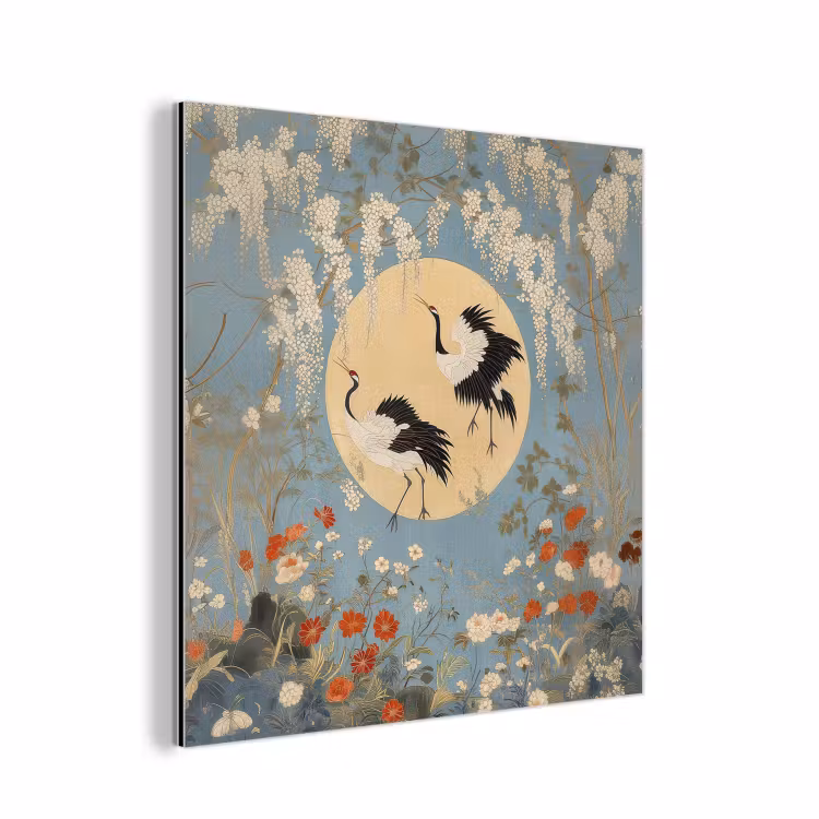 Aluminium schilderij - Kraanvogels - Maan - Bloemen - Blauw — 1